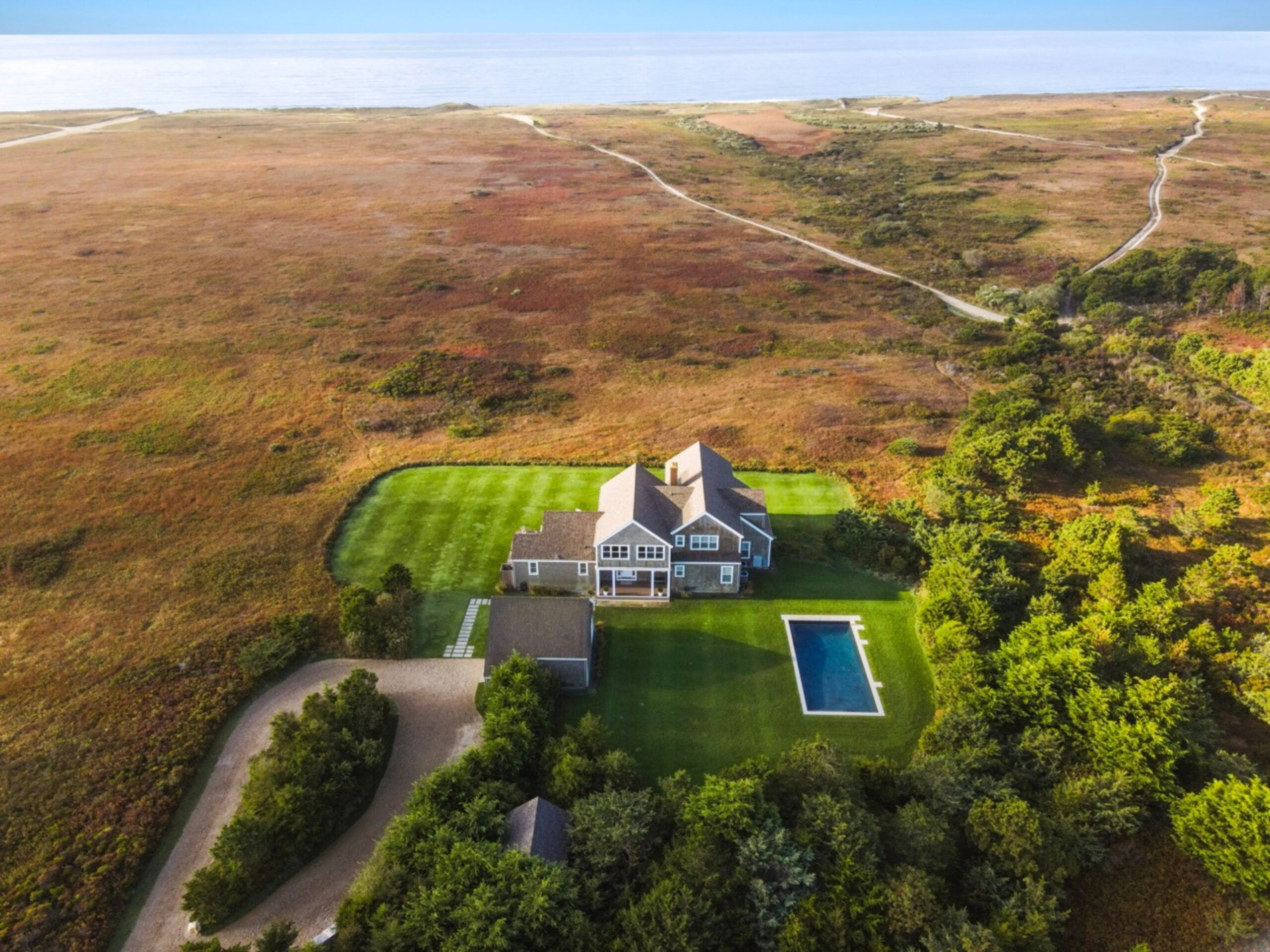 Aerial view of Nantucket property by drone photography experts.